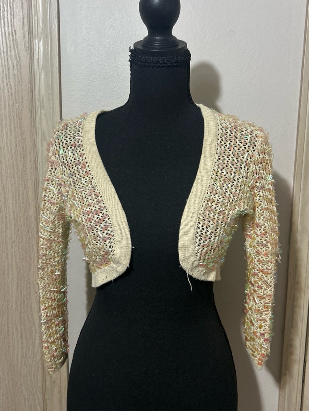 Cream Multi-Color Open-Weave Cropped Cardigan